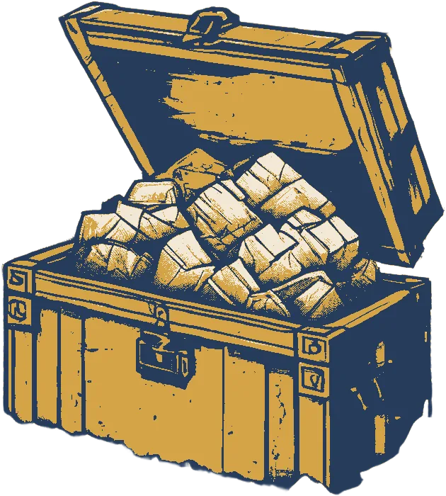 Drawing of an open treasure chest full of gold