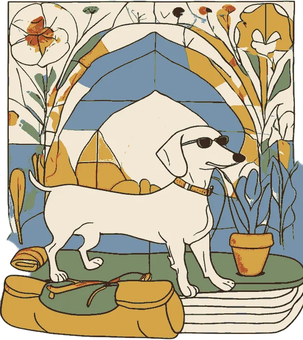 Drawing of a dog in sunglasses lounging in a sunny doorway