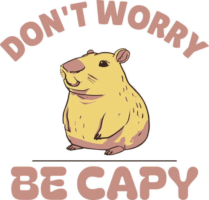 Drawing of a happy capybara with an orange slice on its head beside a lily pad